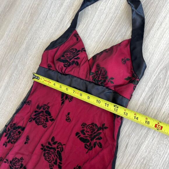Y2K Red & Black Glitter Rose Sheer Applique Halter Dress Mall Goth Emo Vampire - Picture 6 of 8